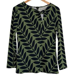 NEW Ann Taylor Tie Neck Leaf-Print 3/4 Sleeve Blouse Olive Green Black